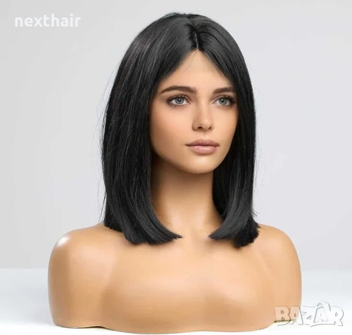 Елегантна права черна каре перука 35 см с път, снимка 12 - Аксесоари за коса - 54189668