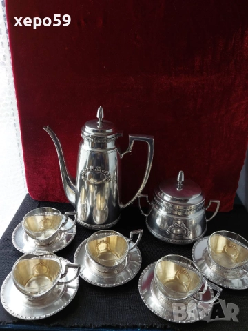 Посребрен комлект за кафе-каничка, захарница, и чашки за кафе/чаша ,сребро, кана/, снимка 3 - Сервизи - 52351137