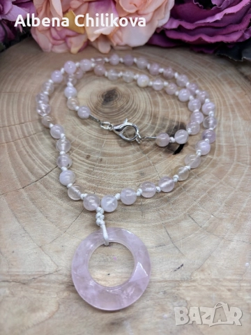 Колие от розов кварц, снимка 2 - Колиета, медальони, синджири - 51988846