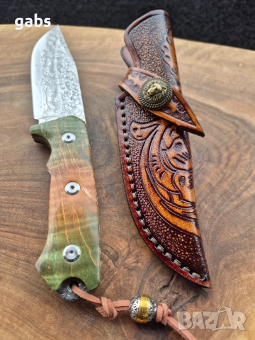Уникален ловен нож дамаска стомана,фултанг с кожена кания LN422, снимка 8 - Ножове - 52212970