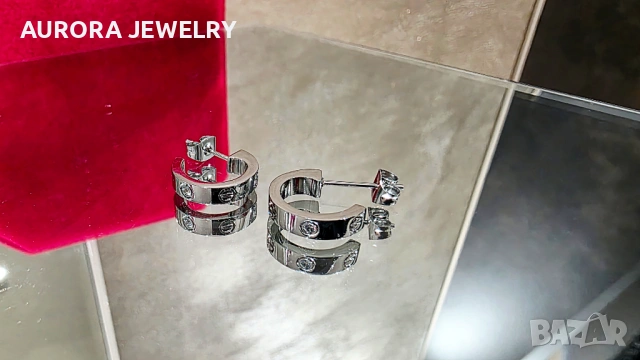 CARTIER Love Silver Hoop 2 Diamonds Small Model Дамски Обеци, снимка 5 - Обеци - 53237005