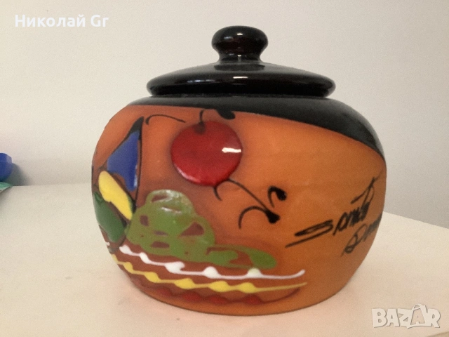 Керамичен буркан с капак ръчно рисувани произведено в Мексико 1960 години отличен състояние, снимка 2 - Декорация за дома - 53795853