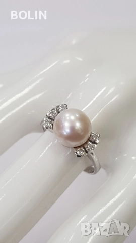 Златен пръстен с перла и диаманти , снимка 4 - Пръстени - 52777612