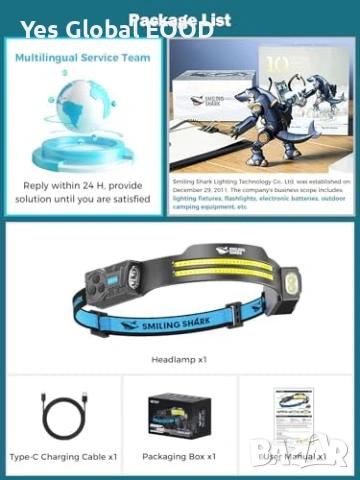 LED челник Smiling Shark 2400mAh сензор 5 режима, снимка 6 - Друга електроника - 54278958