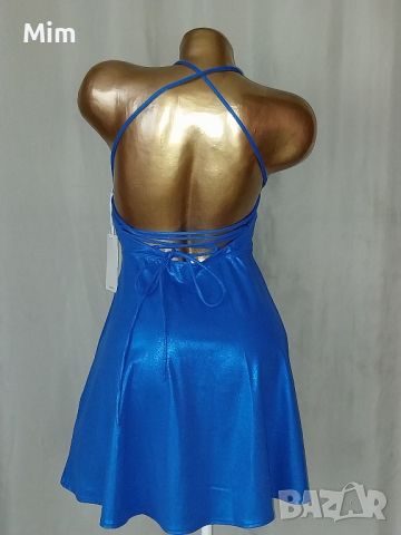  HALARA S Синя еластична рокля с брокатен отблясък, снимка 7 - Рокли - 45444808