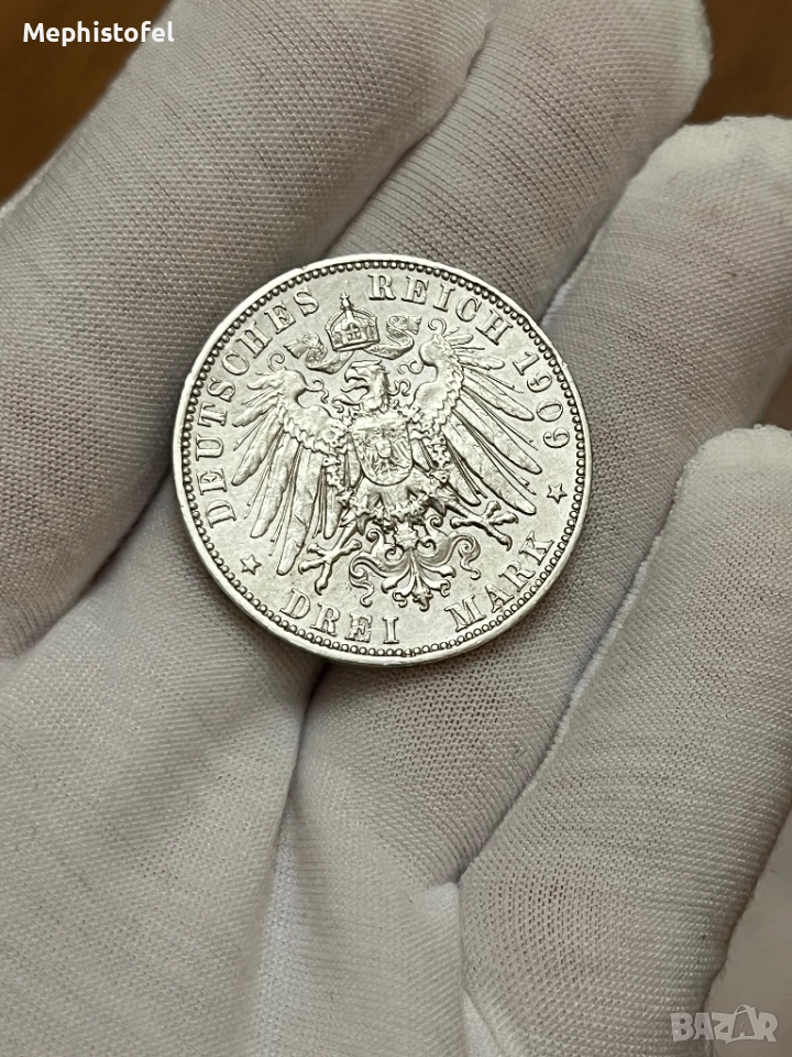 3 марки 1909 г, Германия / Саксония - сребърна монета, снимка 1