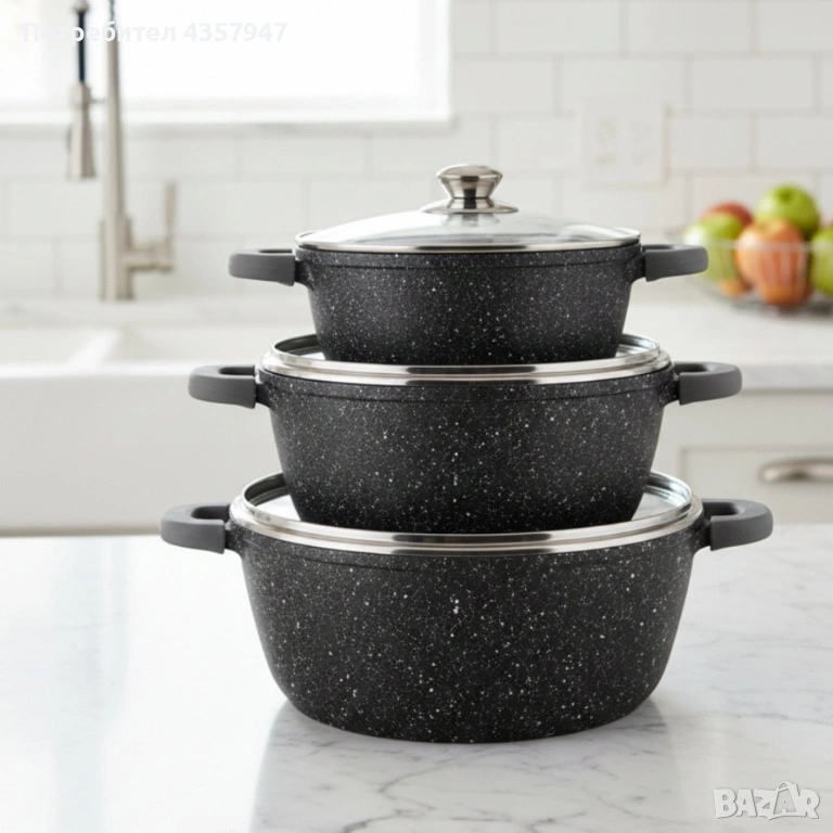 Комплект тенджери Cheffinger – 6 части с мраморно покритие (20 / 24 / 28 см), снимка 1