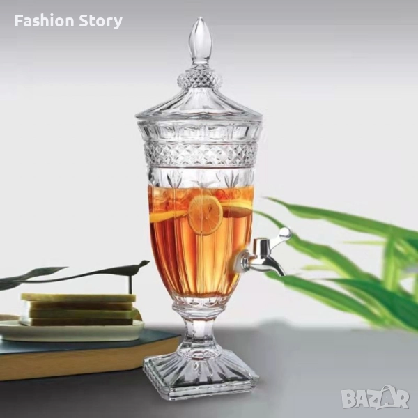 Луксозен стъклен диспенсър за сок и напитки 3L с капак и кранче, снимка 1