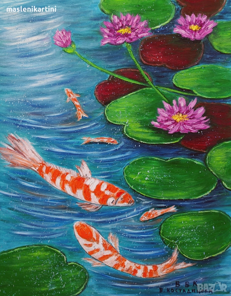 Водни лилии и рибки Кои маслена картина, снимка 1