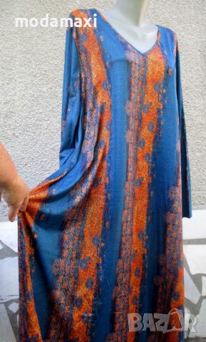 4XL /5XL Нова дълга рокля в синьо и кафяво, снимка 4 - Рокли - 45748919