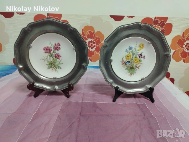 Порцеланови чинии за стена с калаена рамка 