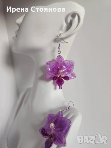 "Purple Orchid" Тези изящни обеци съдържат истинска мини орхидея в красиви розово-лилави нюанси, снимка 4 - Обеци - 53870061
