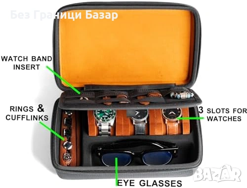 Нова Кутия за 3 часовника очила бижута твърд органайзер пътуване Пътнически калъф, снимка 4 - Други - 54093047