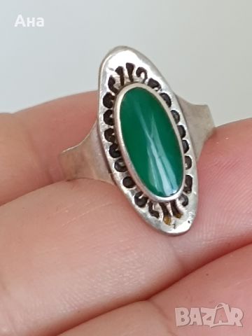 Красив сребърен пръстен с естествен елипса  зелен камък , снимка 2 - Пръстени - 46246306