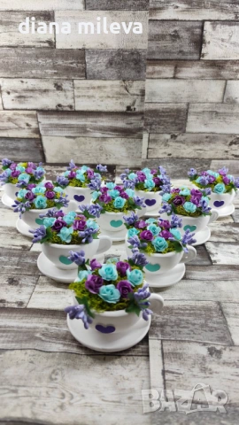Сладурски Чашки с нежни цветлета в тюркоаз и лилаво!!, снимка 8 - Декорация за дома - 53240250