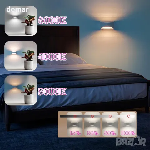 2 бр. стенни аплици, безжични акумулаторни LED, нагоре и надолу, батерия 5000mAh, дистанционно, снимка 3 - Лед осветление - 49880442