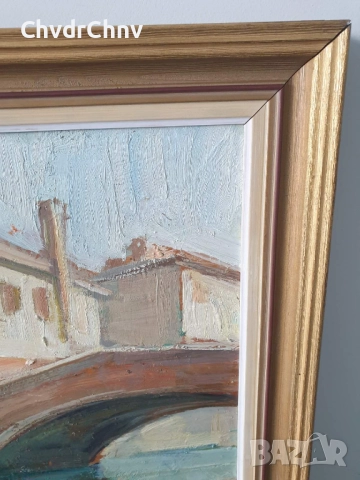 Knut Norman 72х60см/стара голяма шведска картина масло върху фазер/Венеция-мост-лодка/дървена рамка, снимка 6 - Картини - 52075987