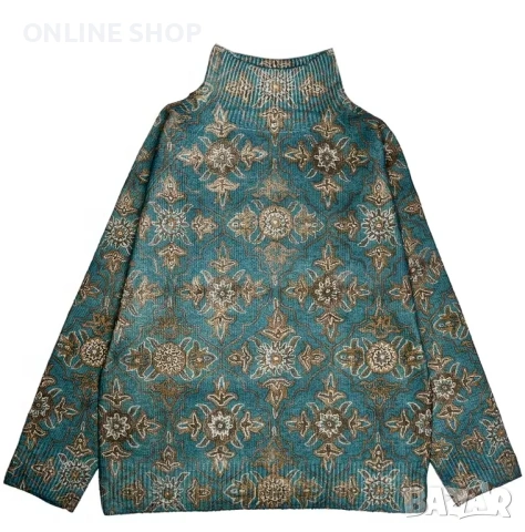 Модерен Дамски пуловер с геометричен принт и висока яка в елегантен стил, снимка 10 - Якета - 53701297