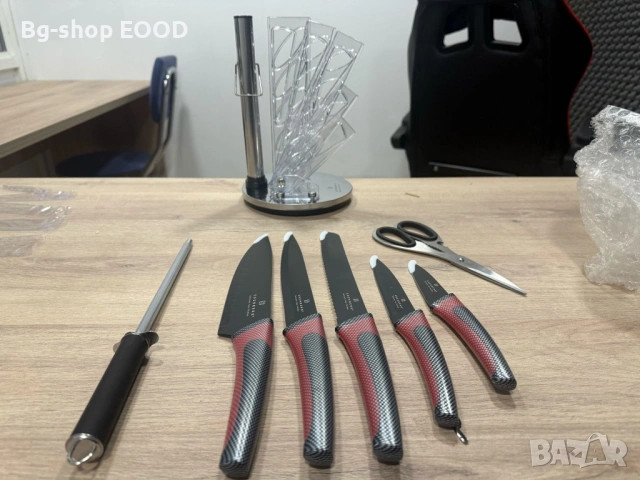Комплект кухненски ножове от въглеродна стомана от 8 части с ергономични дръжки, черно и червено, снимка 5 - Други - 53744393