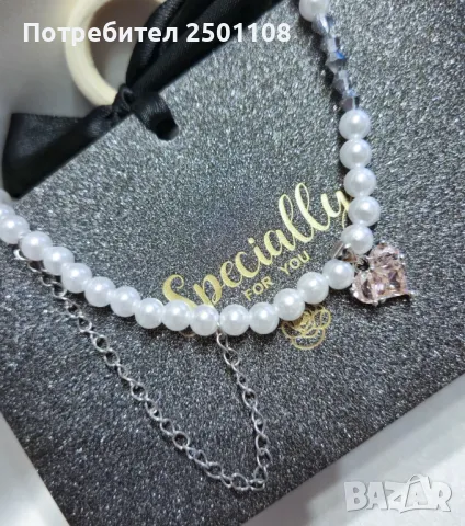 Перлено колие с кристално сърце, снимка 2 - Колиета, медальони, синджири - 49799945