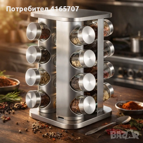 Въртящ се органайзер за подправки Cheffinger - С 16 бурканчета от неръждаема стомана, снимка 6 - Аксесоари за кухня - 53149814