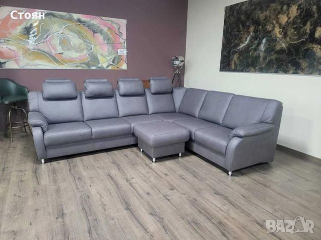 Лилаво - сив ъглов диван от плат и табуретрка ZE-EM06001, снимка 1 - Дивани и мека мебел - 45560019
