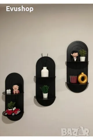 Дървена стенна етажерка черна 3 броя, снимка 2 - Етажерки - 50178243