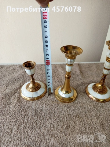 три броя бронзови свещници със седеф, снимка 3 - Други ценни предмети - 54064070