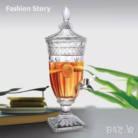 Луксозен стъклен диспенсър за сок и напитки 3L с капак и кранче