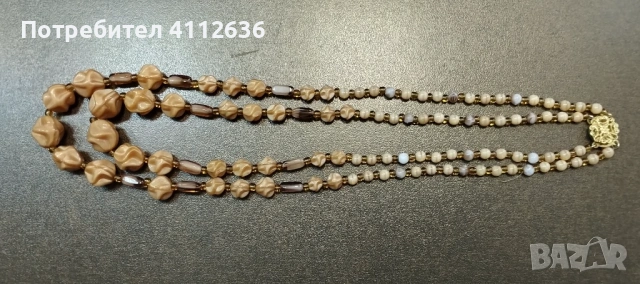 Двуредно винтидж колие от чешко стъкло в цвят „карамел“ , снимка 3 - Колиета, медальони, синджири - 53221312