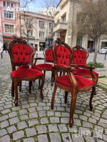 Комплект от 6 трапезни стола с червена плюшена дамаска, снимка 4 - Столове - 53983502