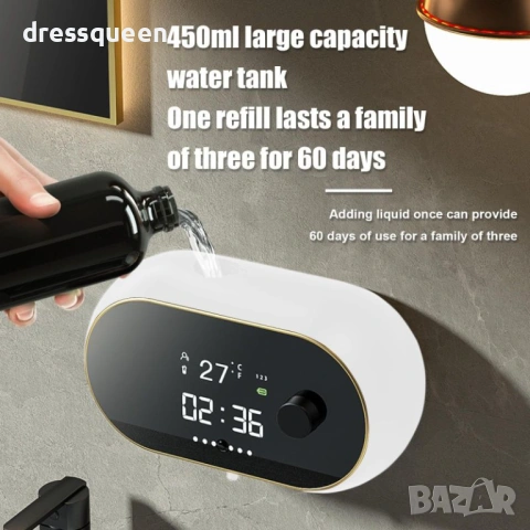 4495 Сензорен Диспенсър за Сапун с Вграден Термометър и Час – 500 мл, Стенен Монтаж, снимка 7 - Други стоки за дома - 53875783