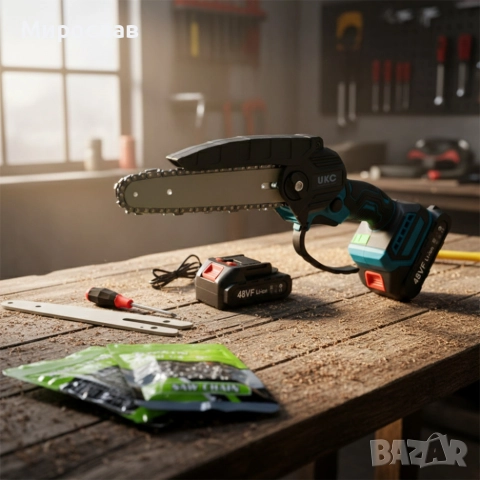 Акумулаторен трион за дърво и клони UKC 48V – 6″ верижна резачка с 2 батерии и 2 вериги, снимка 6 - Други инструменти - 52829393