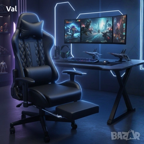 Геймърски стол с прибираща се подложка за крака и функция за масаж - черен, снимка 5 - Столове за офис - 53641895