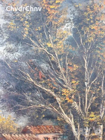 80х68см/голяма картина масло върху платно/горски пейзаж/къщи-река-дървета/дървена рамка, снимка 5 - Картини - 50852750