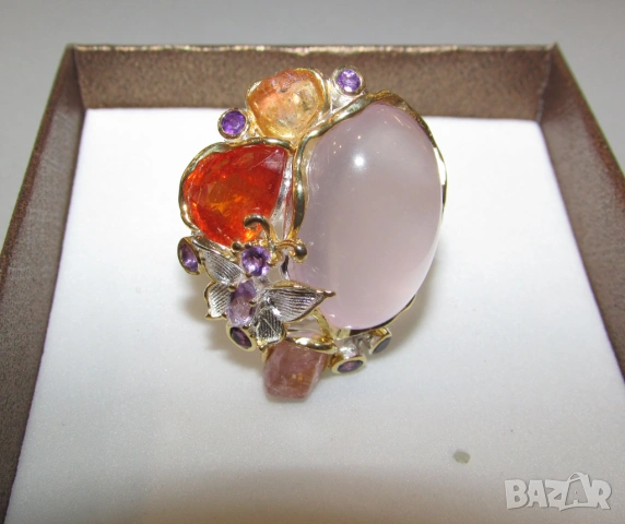 925 Сребърен пръстен с розав кварц 32 карата интересен, снимка 5 - Пръстени - 54053707