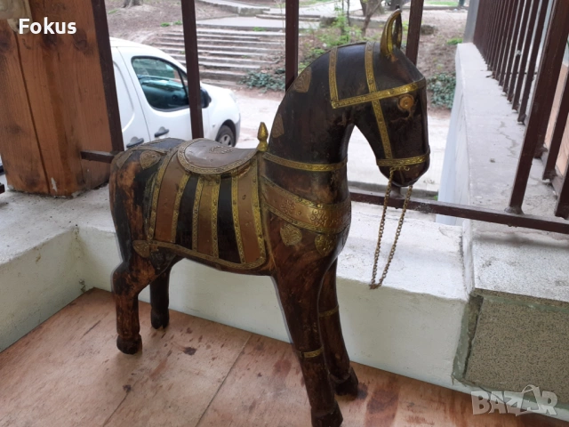 Старо антикварно дървено конче с месинг статуетка фигура кон, снимка 2 - Антикварни и старинни предмети - 54220561