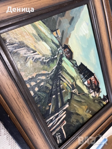 Маслена картина върху фазер  Изобразяваща живописен планински пейзаж с  къщи, снимка 10 - Картини - 52150317