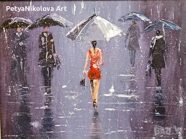 Маслена картина "Разходка в дъжда"+подарък авторско стихче, снимка 2 - Картини - 54152564