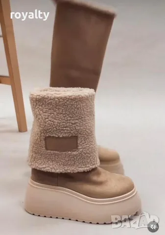 Боти на платформа - бежов велур , снимка 5 - Дамски боти - 49924385