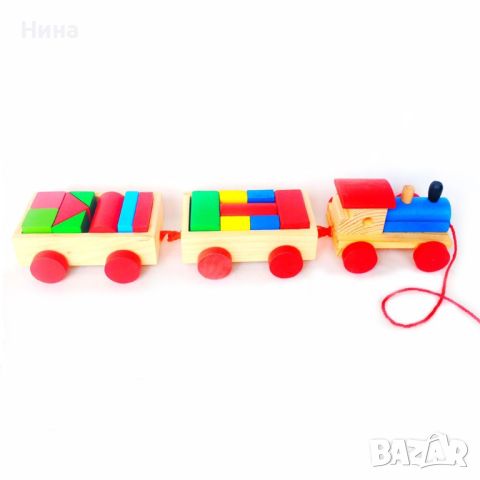 Дървено влакче - сортер, за дърпане, с вагончета и кубчета, снимка 5 - Образователни игри - 46062378