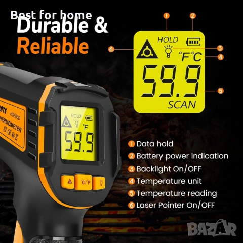 Инфрачервен термометър, цифров термометър, лазерен термометър за месо, за готвене, храна, фурни , снимка 7 - Други инструменти - 53498989