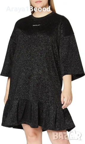 Replay Дамска Макси памучна пролетно-лятна рокля, черна със златиста нишка, снимка 2 - Рокли - 50127237
