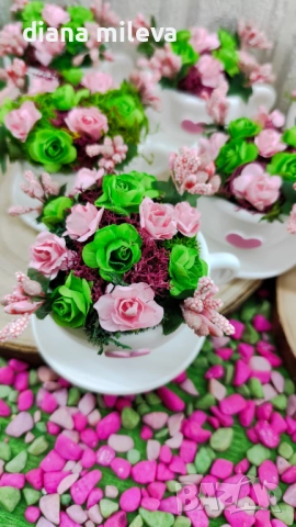 Сладурски чашки с нежни цветлета в зелено и розово!!, снимка 8 - Декорация за дома - 52069049