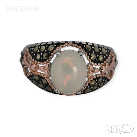 Мъжки сребърен пръстен с бял опал и марказит, снимка 2 - Пръстени - 53370216
