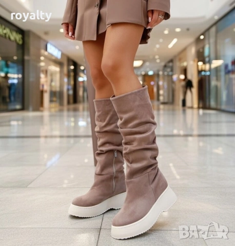 Равни ботуши - каки велур с бежово ходило, снимка 3 - Дамски ботуши - 53193618