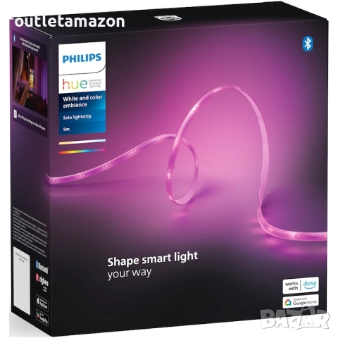 LED лента RGBWW Philips Hue Solo, Bluetooth, zigbee, 20W, 1700 лумена, Цветна светлина, IP20, 5 м