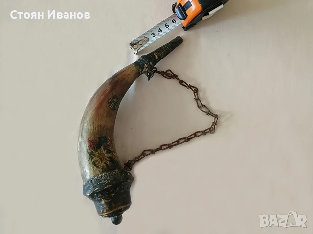 Старинна хайдушка рогова барутница за кремъчна пушка, пищов, снимка 4 - Антикварни и старинни предмети - 50791985