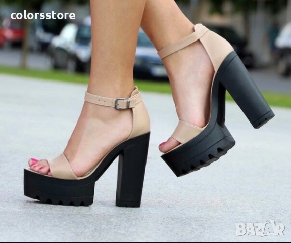 Сандали на ток - тъмнобежова кожа с черно ходило - 624