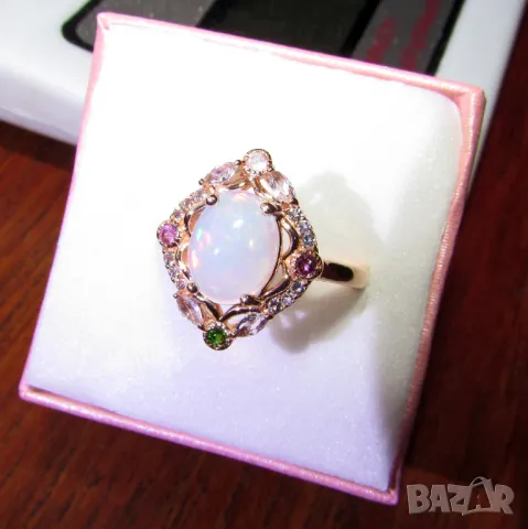 925 сребърен комплект с огнени опали пръстен и колие, подходящи за подарък, снимка 5 - Пръстени - 50072882